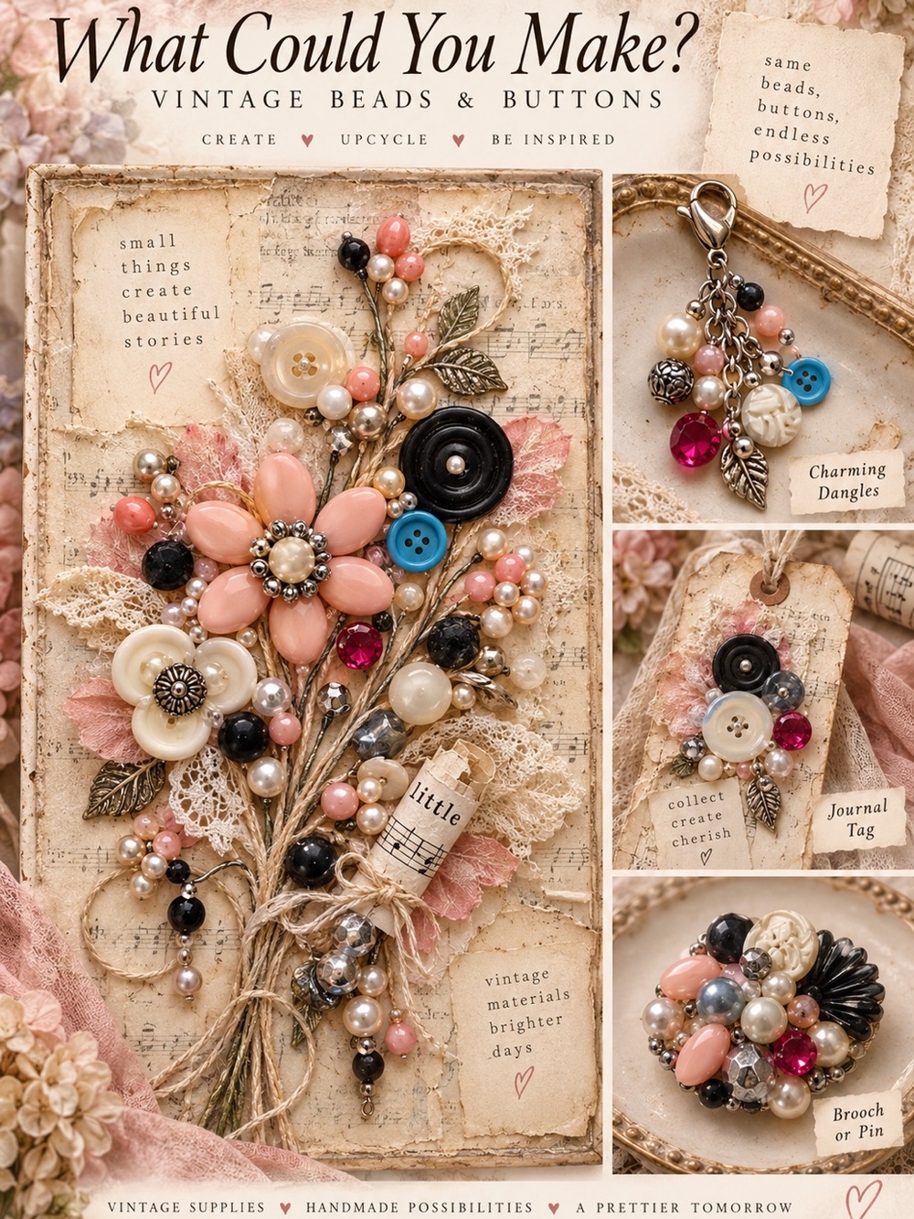 Handmade Pink Pearl and Black Button Floral Brooch - Women Jewelry